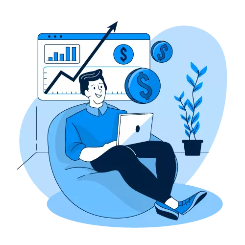 Ilustração de um homem manipulando um painel financeiro em um notebook.