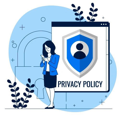 É uma ilustração de uma mulher segurando um tablet simbolizando a privacidade de dados.